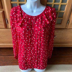 Liz Claiborne Red Heart Print Ruffle Long Sleeve Blouse Large